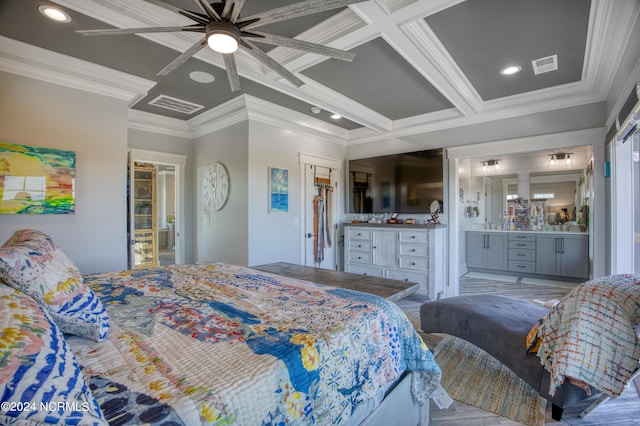 bedroom with ornamental molding, coffered ceiling, beamed ceiling, ceiling fan, and light hardwood / wood-style flooring