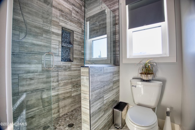 bathroom featuring an enclosed shower and toilet