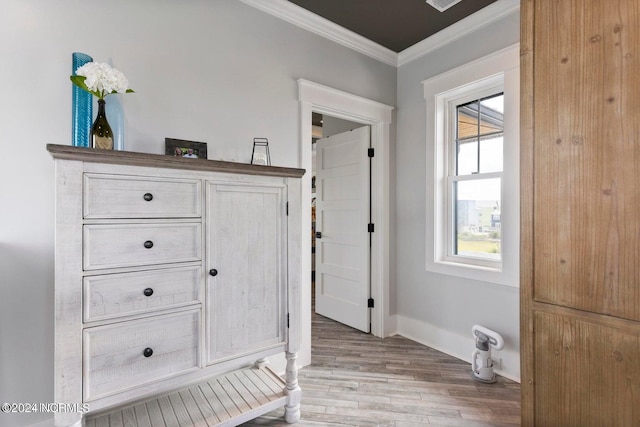 interior space featuring light hardwood / wood-style flooring and crown molding