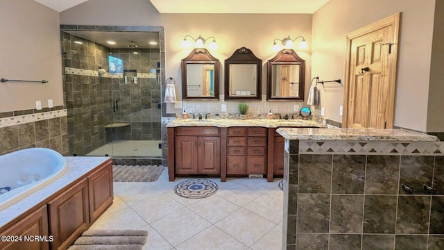 bathroom with vanity, plus walk in shower, and tile patterned flooring