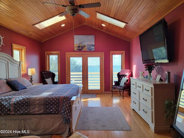 bedroom with light hardwood / wood-style flooring, ceiling fan, multiple windows, lofted ceiling with skylight, and wooden ceiling