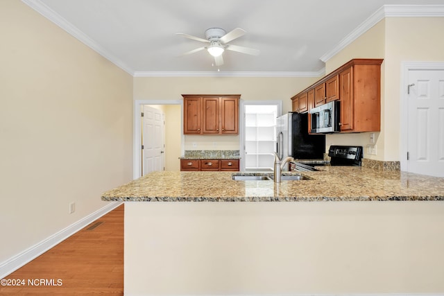 kitchen with kitchen peninsula, electric range, light hardwood / wood-style flooring, crown molding, and sink