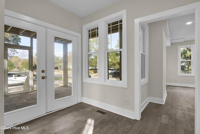 doorway with french doors, dark hardwood / wood-style flooring, and a healthy amount of sunlight