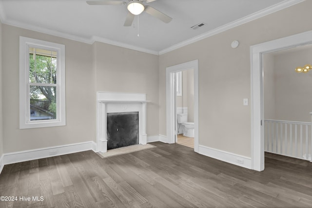 unfurnished living room featuring ceiling fan, wood-type flooring, and ornamental molding