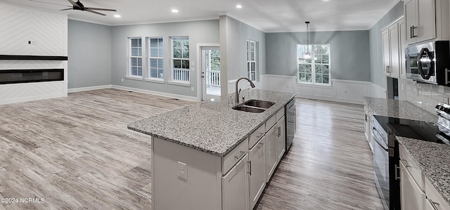 kitchen with a center island with sink, sink, appliances with stainless steel finishes, and a healthy amount of sunlight