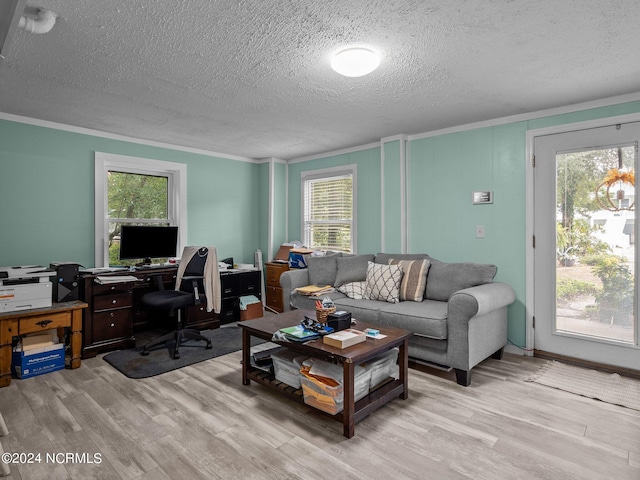 living room featuring a textured ceiling, light hardwood / wood-style flooring, and plenty of natural light