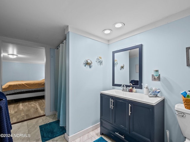 bathroom featuring vanity, toilet, and wood-type flooring