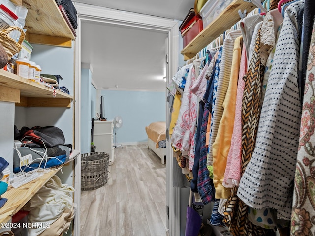 walk in closet with light hardwood / wood-style floors