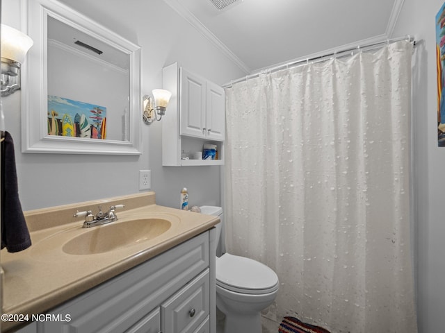 bathroom featuring vanity, crown molding, toilet, and walk in shower