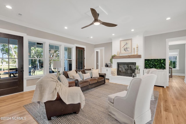 living room with crown molding, a fireplace, light wood-type flooring, and ceiling fan