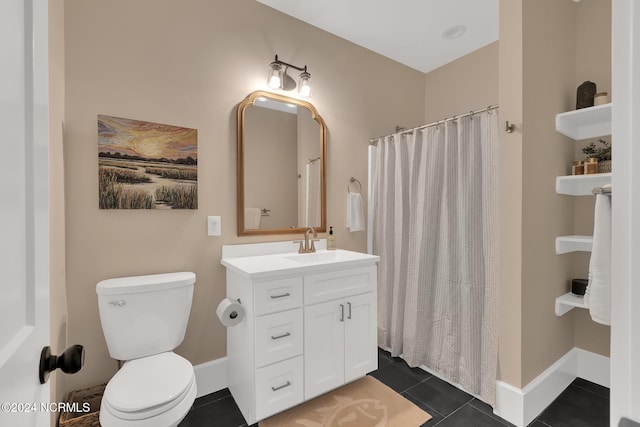 bathroom with vanity, toilet, tile patterned floors, and a shower with curtain