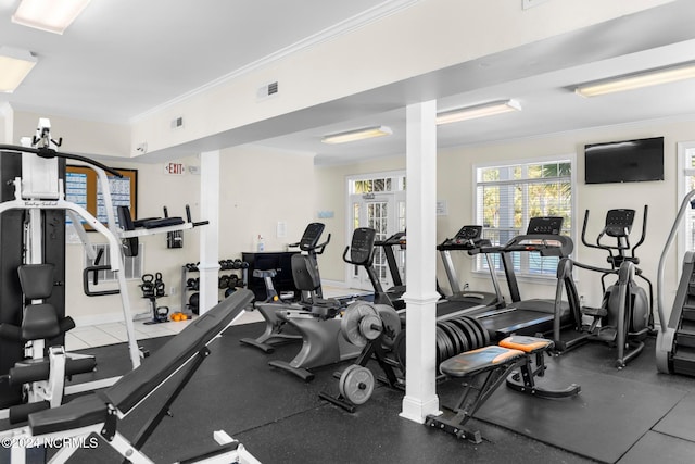 exercise room with crown molding