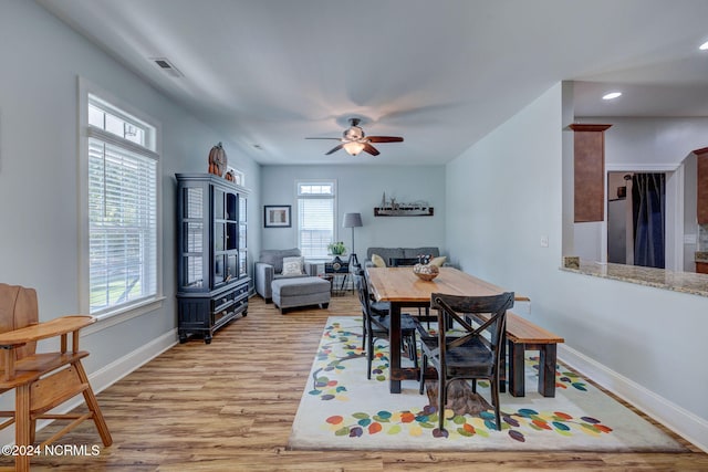 dining area featuring a wealth of natural light, light hardwood / wood-style flooring, and ceiling fan