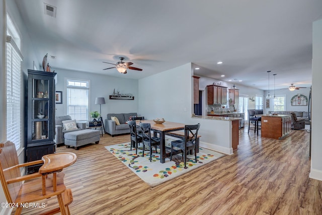 dining space featuring light hardwood / wood-style floors, a healthy amount of sunlight, and ceiling fan