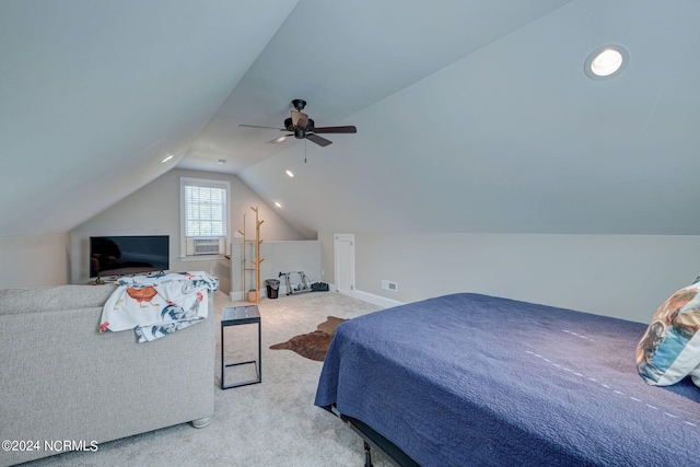 carpeted bedroom featuring lofted ceiling, cooling unit, and ceiling fan