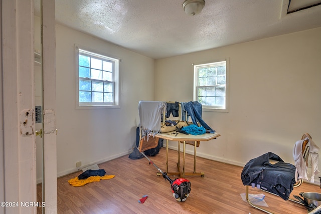 interior space with wood-type flooring, a textured ceiling, and plenty of natural light