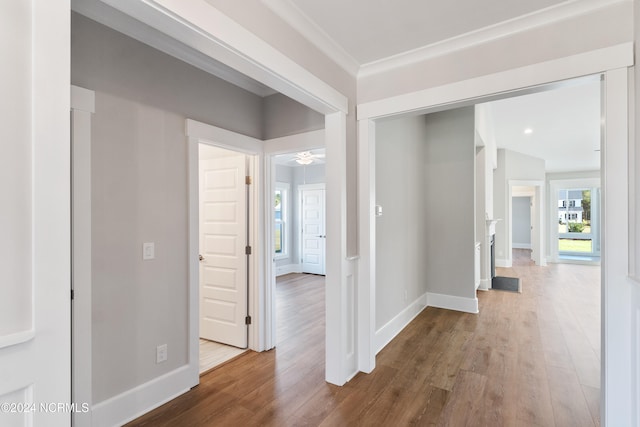 hallway with hardwood / wood-style flooring