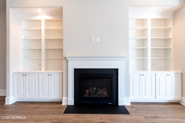 details with wood-type flooring and built in shelves