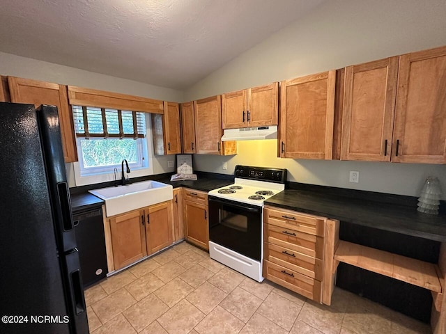 kitchen with black appliances, sink, a textured ceiling, vaulted ceiling, and light tile patterned floors