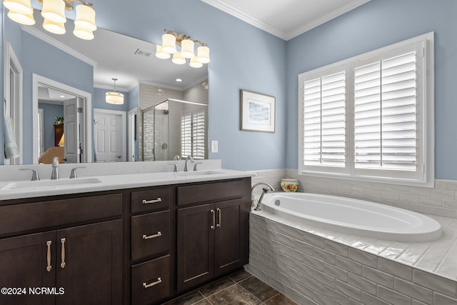 bathroom featuring crown molding, tile patterned flooring, vanity, and independent shower and bath