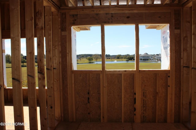 interior space featuring a water view