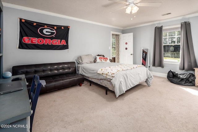 carpeted bedroom featuring multiple windows, ceiling fan, a textured ceiling, and ornamental molding