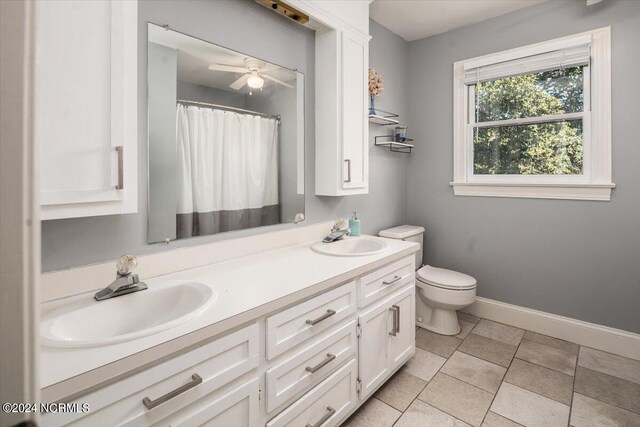 bathroom featuring tile patterned floors, ceiling fan, vanity, and toilet