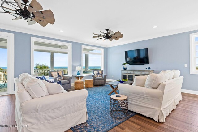 living room with hardwood / wood-style floors, ceiling fan, and ornamental molding