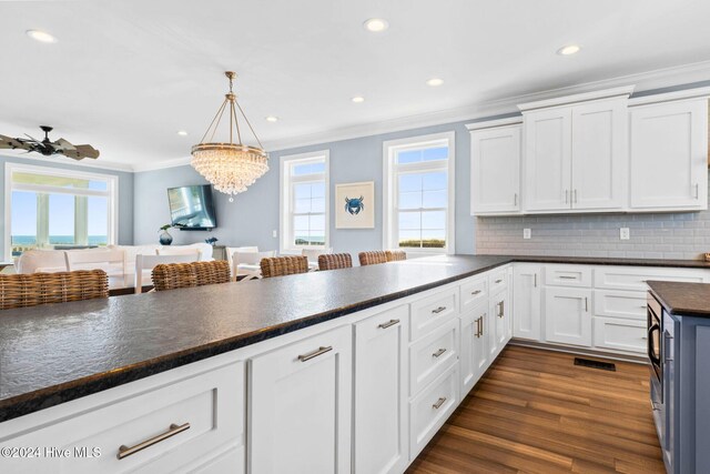 kitchen with white cabinetry, backsplash, dark hardwood / wood-style floors, and plenty of natural light