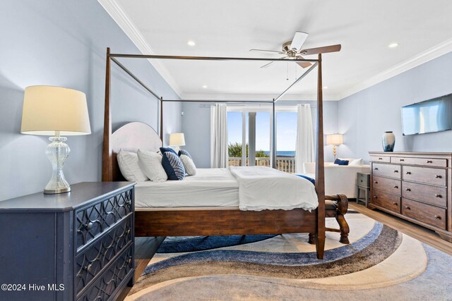 bedroom featuring ornamental molding, access to exterior, wood-type flooring, and ceiling fan