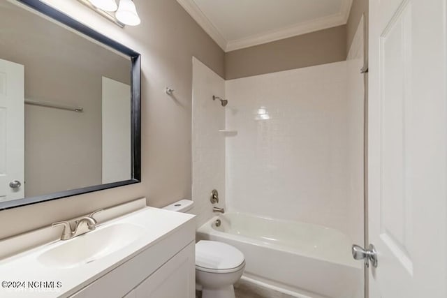 full bathroom with  shower combination, ornamental molding, vanity, and toilet