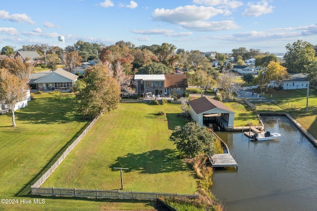 bird's eye view with a water view