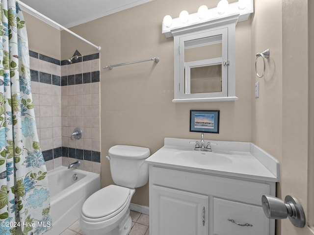 full bathroom featuring toilet, shower / bath combination with curtain, tile patterned floors, and crown molding