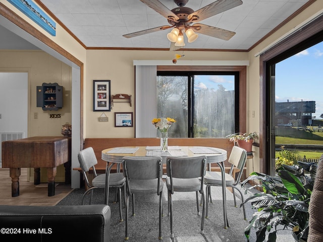 dining room with ornamental molding, plenty of natural light, and ceiling fan