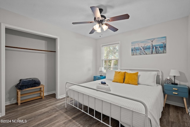 bedroom featuring dark wood-type flooring, ceiling fan, and a closet