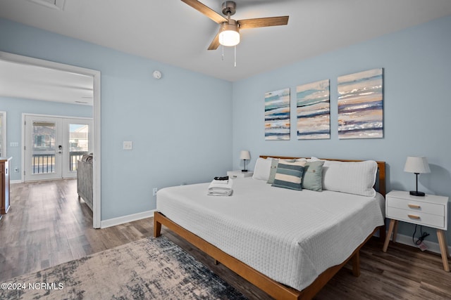 bedroom featuring access to outside, hardwood / wood-style floors, french doors, and ceiling fan