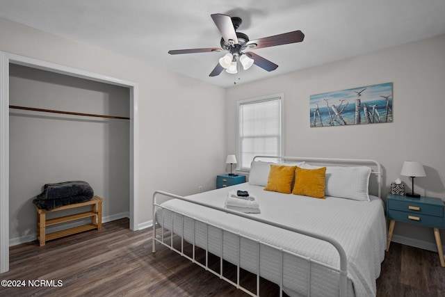 bedroom featuring a closet, ceiling fan, and dark hardwood / wood-style floors