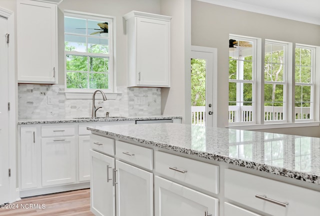 kitchen with white cabinetry, light hardwood / wood-style floors, sink, and plenty of natural light