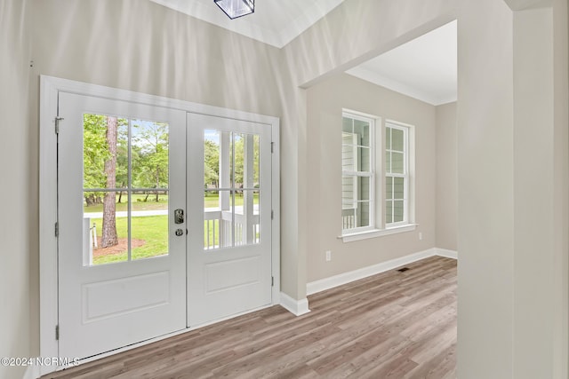 doorway to outside featuring french doors, light wood-type flooring, and a wealth of natural light