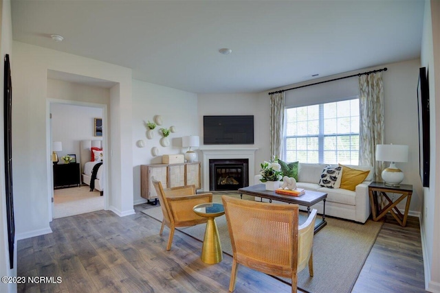 living room with dark hardwood / wood-style flooring