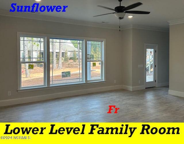 spare room with ornamental molding, wood-type flooring, and ceiling fan