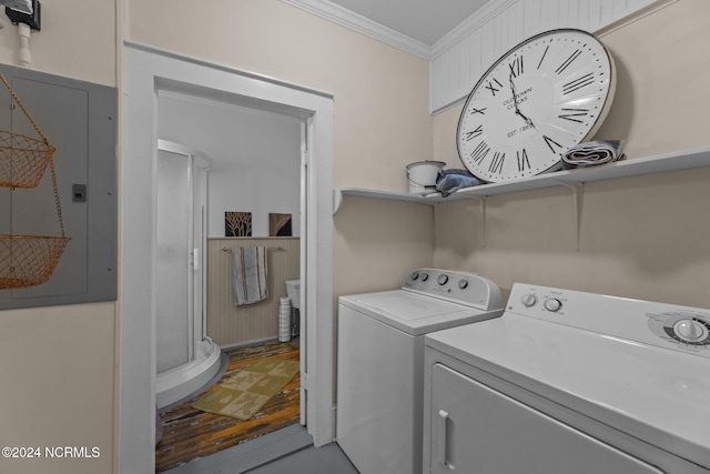 laundry area with electric panel, washer and dryer, and crown molding