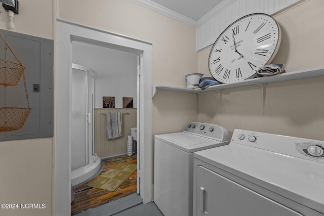 403 Ave D, New Bern, NC 28560 - washroom with electric panel, washing machine and clothes dryer, and ornamental molding