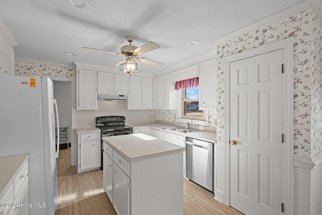 kitchen with white cabinetry, electric range, dishwasher, white fridge with ice dispenser, and sink