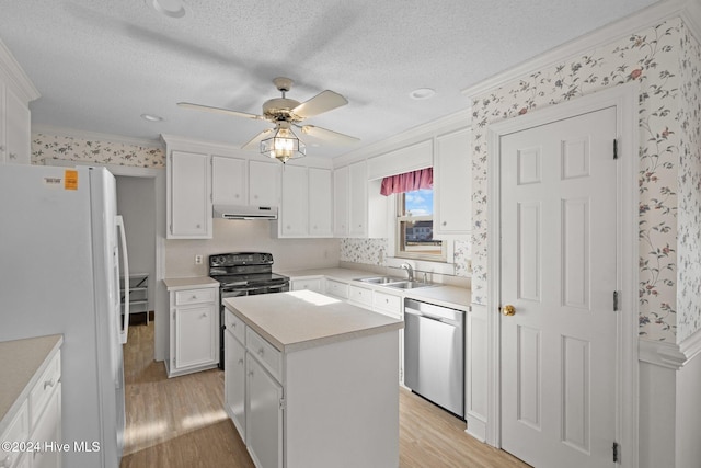 kitchen with white cabinetry, sink, dishwasher, a center island, and white refrigerator