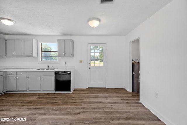 kitchen featuring hardwood / wood-style floors, sink, dishwasher, and gray cabinetry