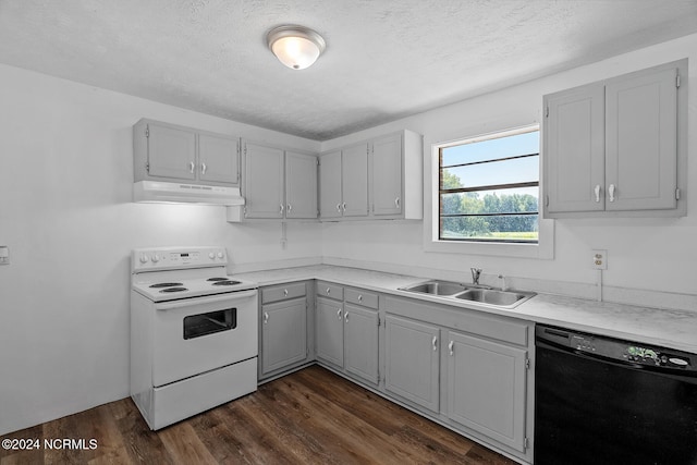 kitchen with sink, dishwasher, a textured ceiling, dark wood-type flooring, and white electric range oven