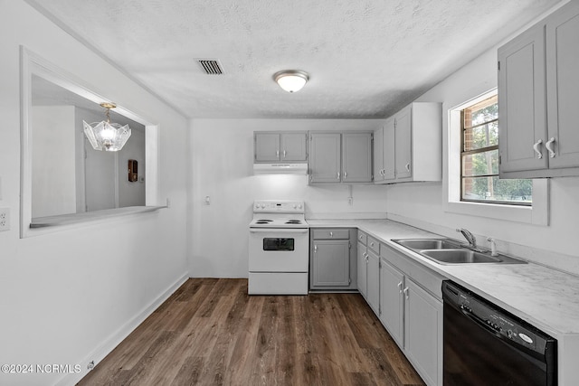 kitchen featuring gray cabinetry, black dishwasher, hanging light fixtures, white range with electric stovetop, and dark wood-type flooring