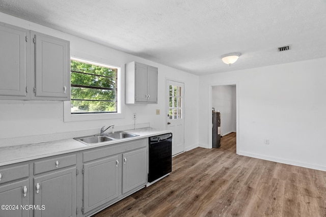 kitchen with gray cabinetry, black dishwasher, sink, a textured ceiling, and dark hardwood / wood-style flooring