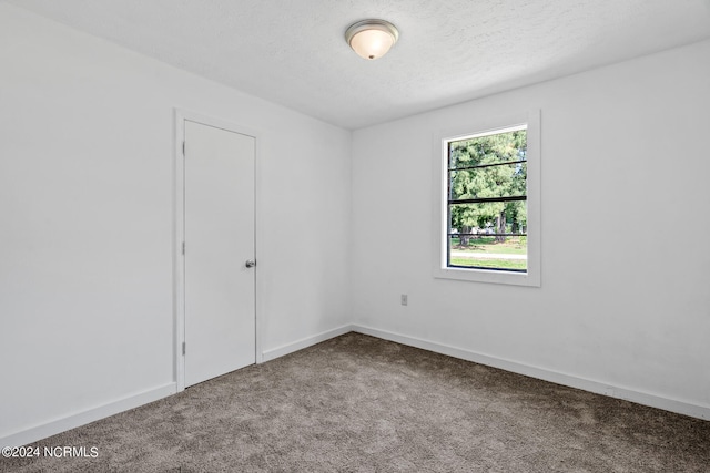 unfurnished room with a textured ceiling and carpet floors